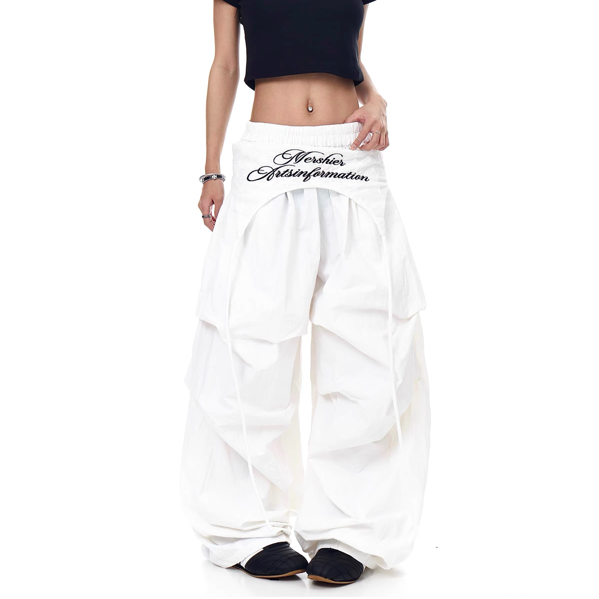 美式高街阔腿裤女夏季设计感绑带白色伞兵裤垂坠感直筒休闲裤子潮