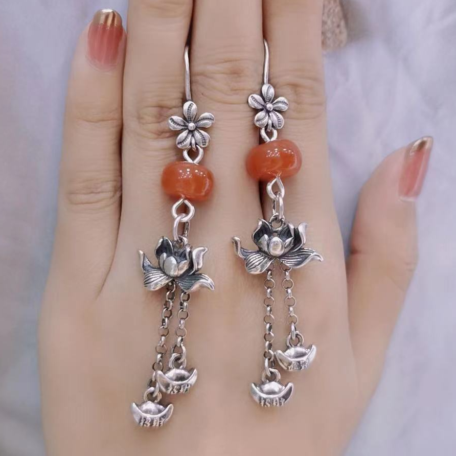 S925银手工银国风古风天然南红玛瑙耳环耳饰女款方圆脸天然纹理