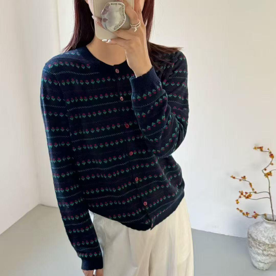 【藏青花朵】开衫小个子早秋针织开衫外套女生482