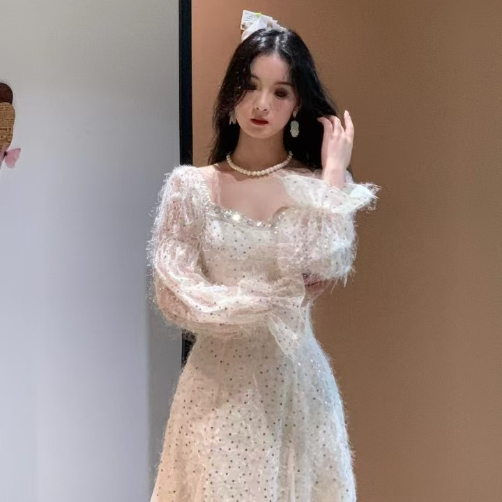 公主家8632仙女亮片网纱拼接纱裙连衣裙长袖显瘦加绒连衣裙