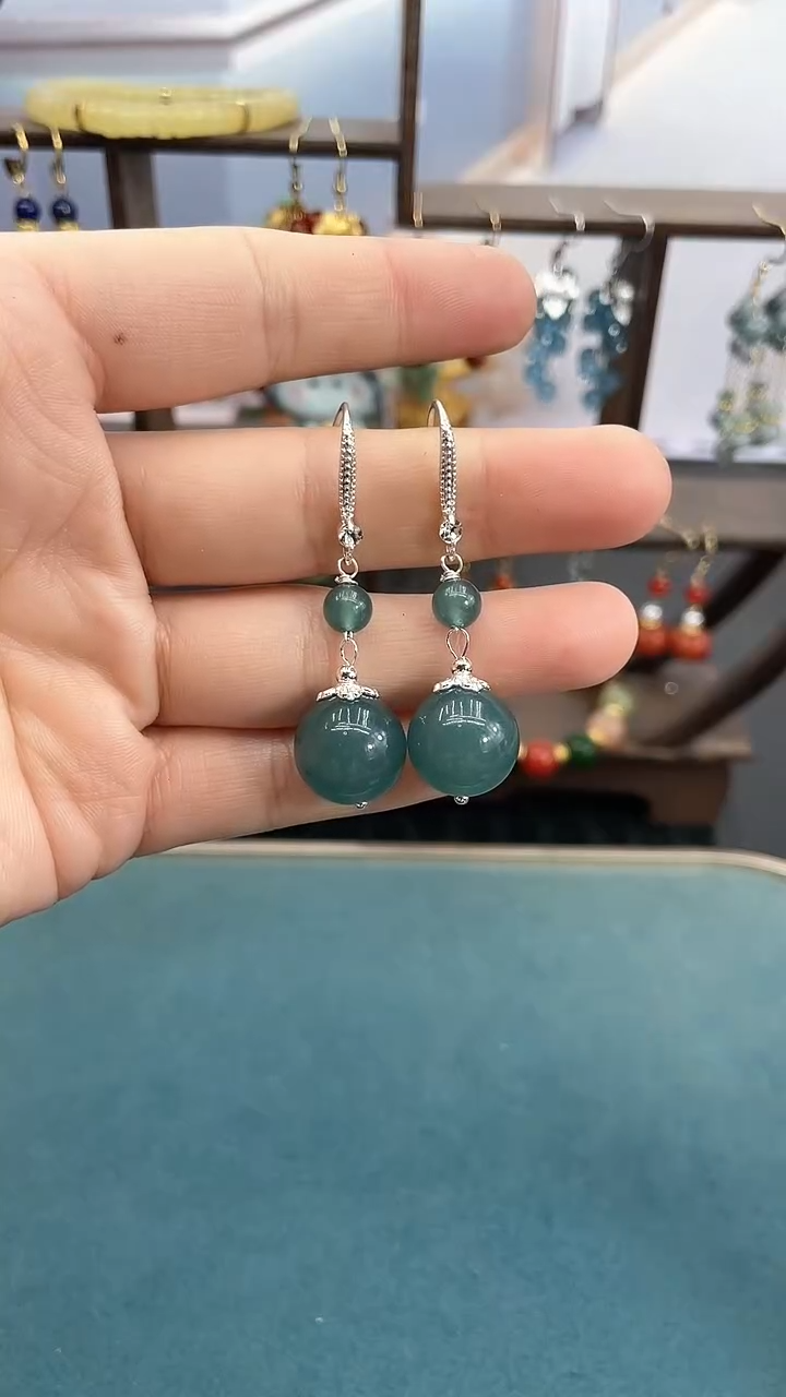 银S925镶嵌翡翠耳饰14mm蓝水双珠