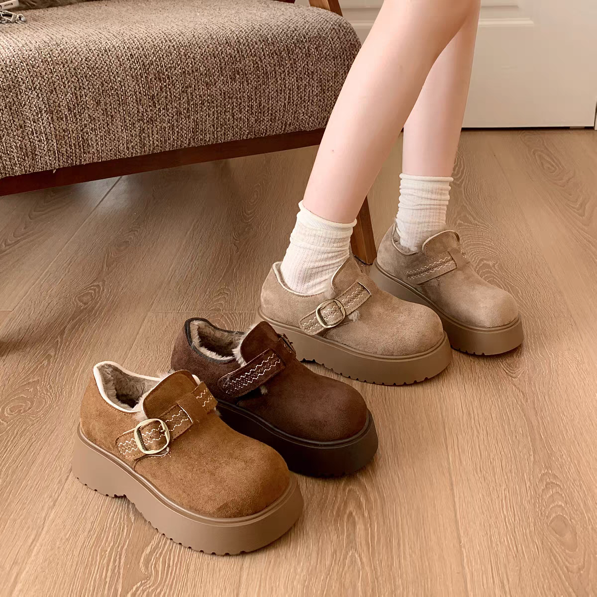 609加绒勃肯鞋女新款冬季毛绒保暖一脚蹬博肯棉鞋