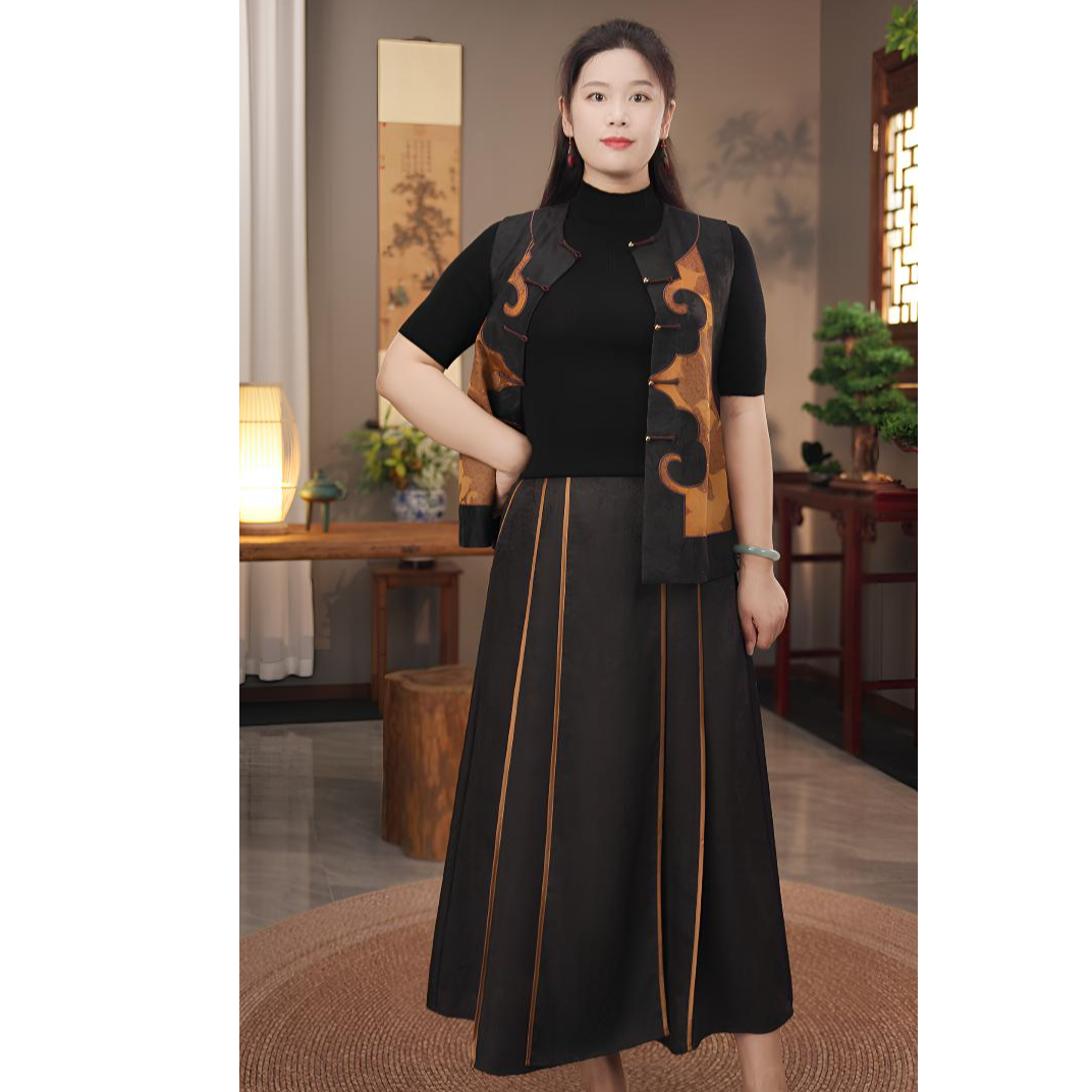 马面裙新中式国风香云纱桑蚕丝重锻改良百搭黑色马面裙女士