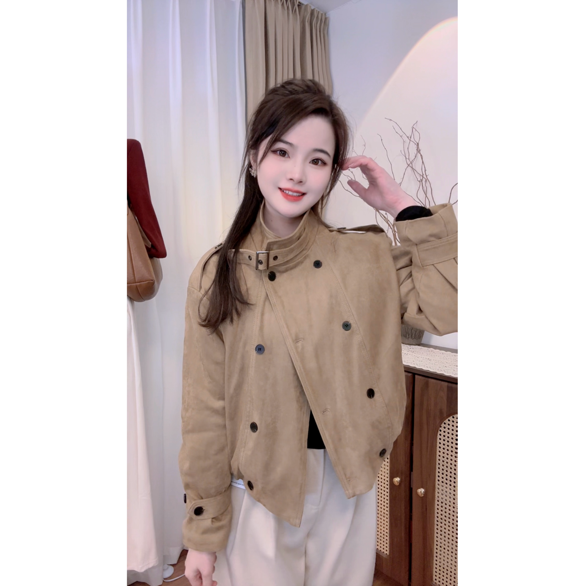立领加绒麂皮加厚外套冬季显瘦拉链机车服保暖毛绒内胆夹克上衣女