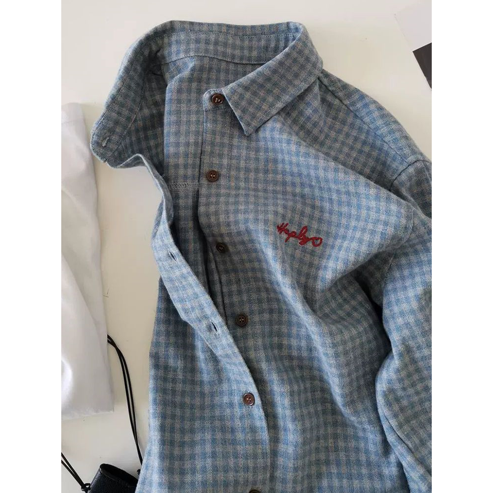 韩系蓝色格子刺绣Polo领衬衫外套女春秋外搭磨毛衬衣宽松翻领上衣