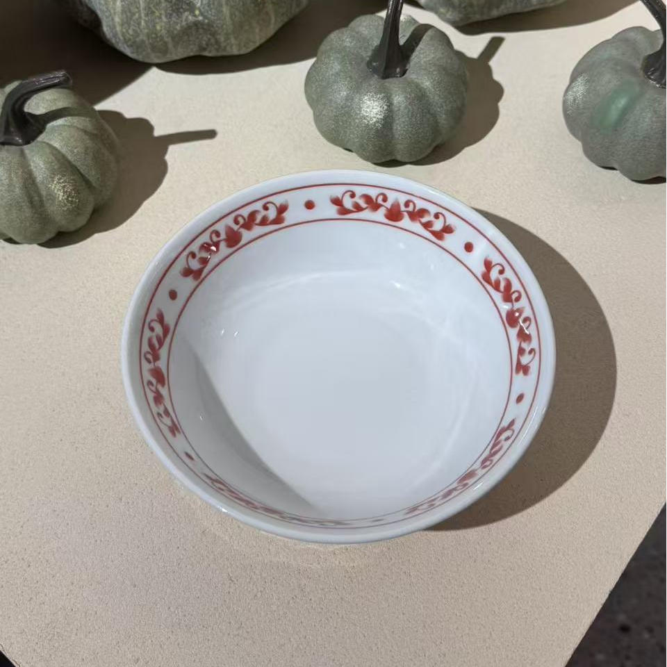 高温釉下彩红福字陶瓷斗笠碗