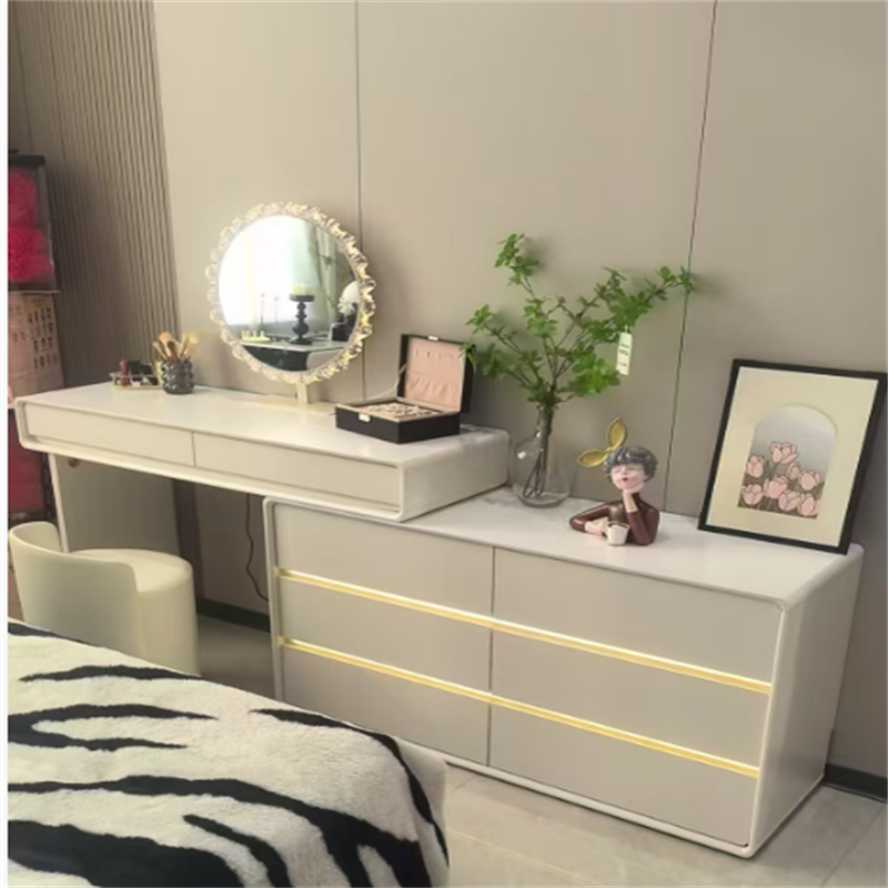 实木语音智能灯光奶油风化妆桌可伸缩床尾柜六斗柜奶油烤漆化妆桌