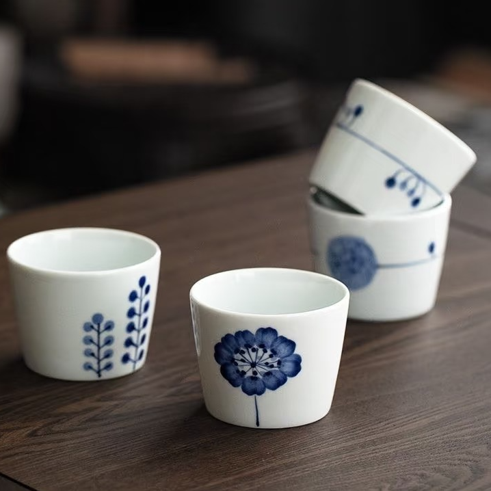 进口陶瓷复古手绘精致日式茶杯家用白景茶杯