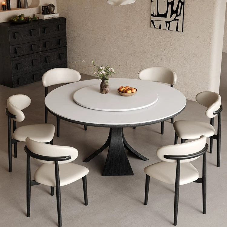 法式复古实木岩板餐桌椅组合家用中古风圆形饭桌小户型吃饭圆桌子