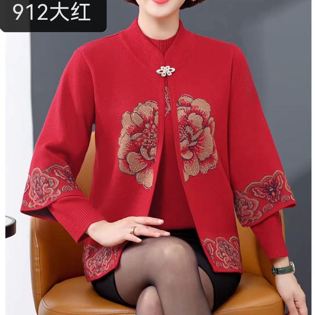 中老年红色针织套装中老年女装秋装针织女装中年开衫5283款