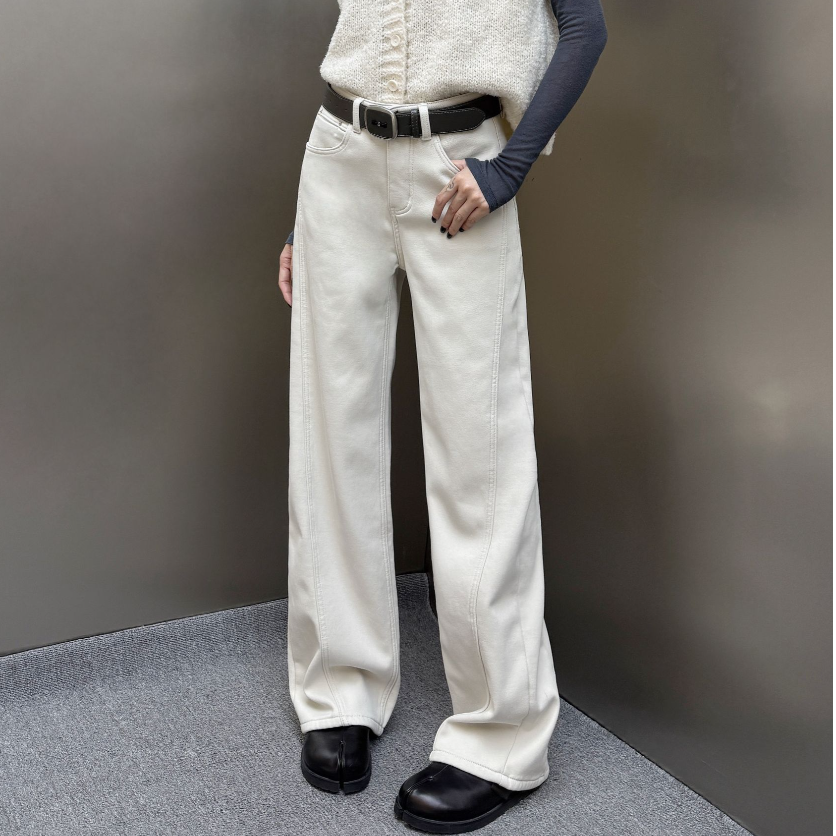 【裤博汇】89011复合密密绒灰米外贸订单筷子裤牛仔高腰窄版直筒裤