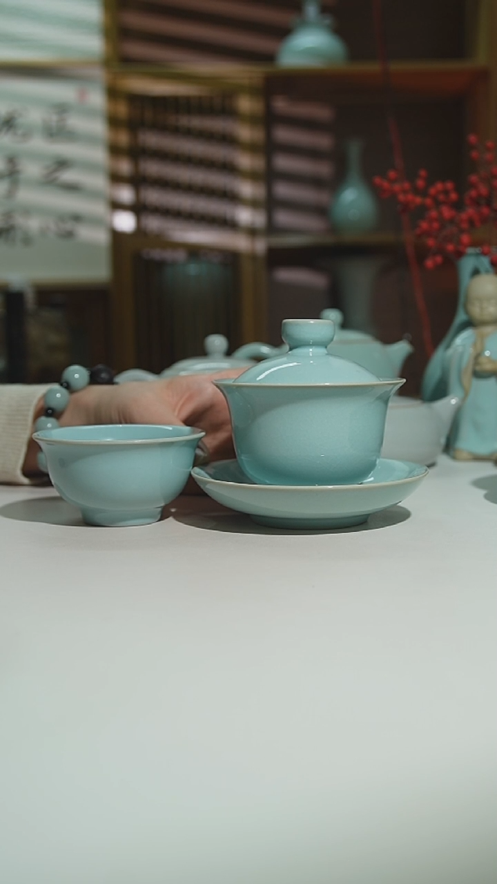 天青珑匠月白盖碗加支钉压手杯2支安全发货二级