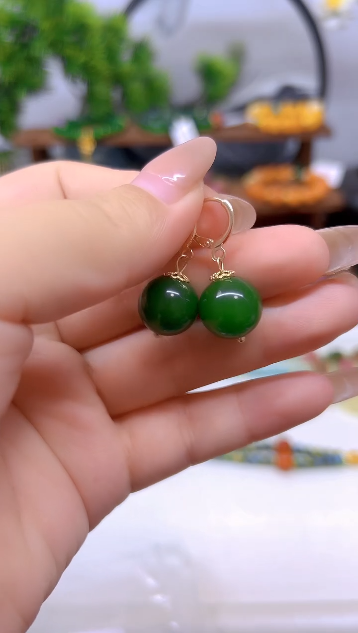 和田玉（碧玉）14K金镶嵌耳饰E600