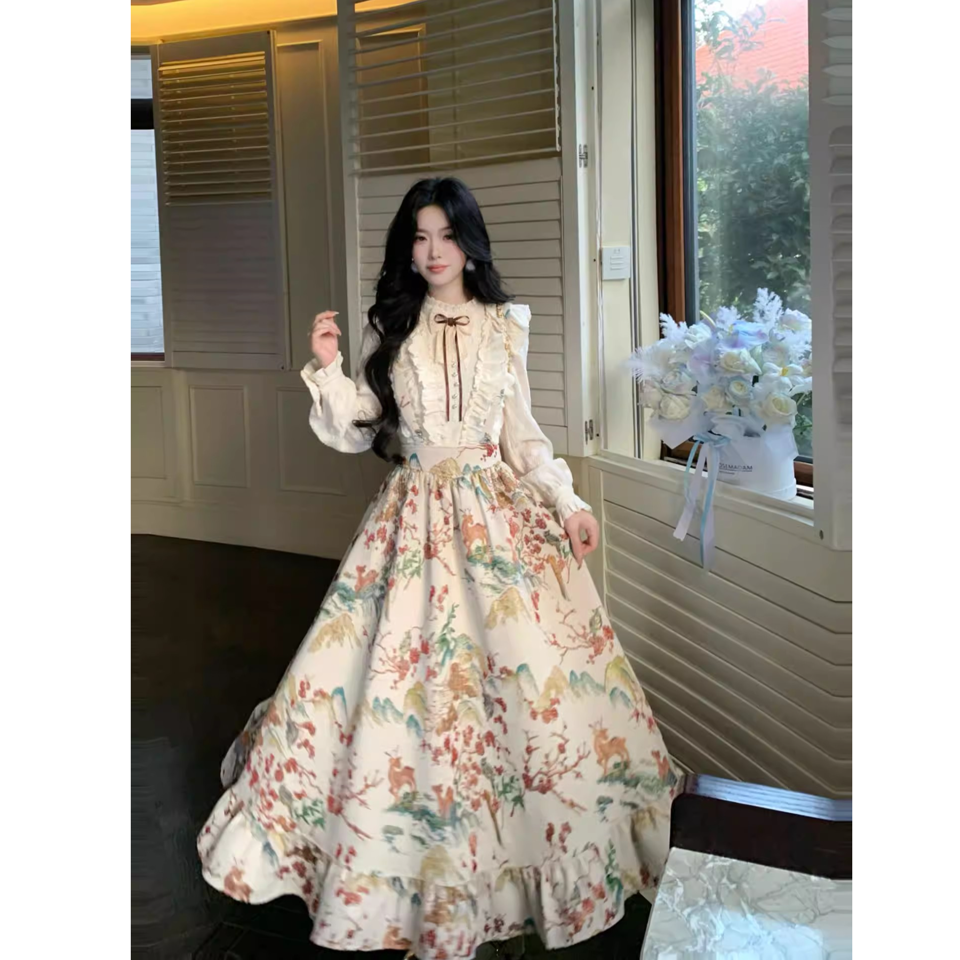 【运费险】【鹿踏梅川】法式千金感加绒衬衫复古提花收腰背带长裙套装