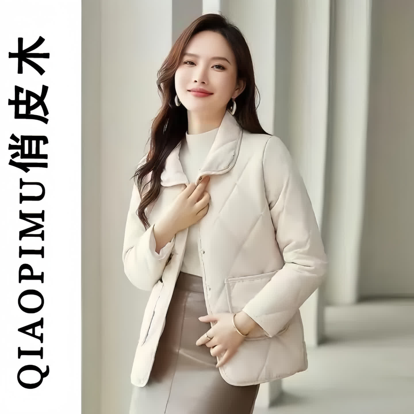 秋冬新款翻领复古菱格短款棉衣时尚保暖棉服外套