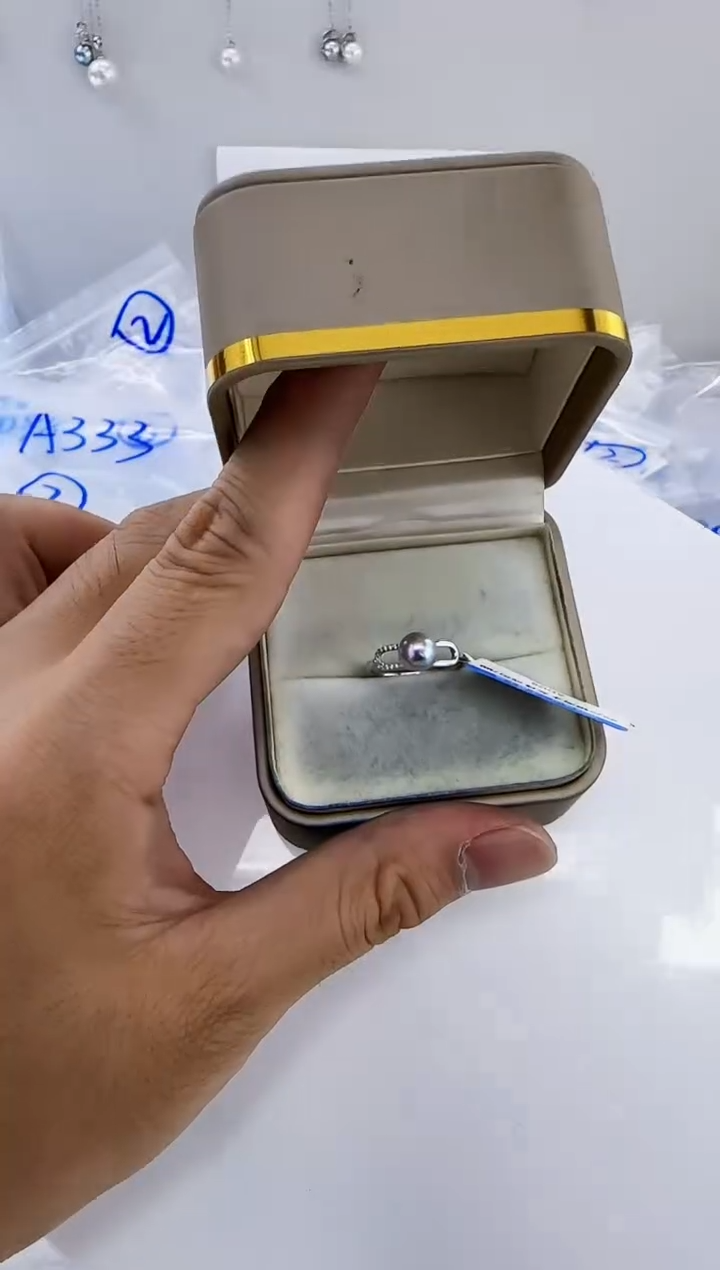 银S925镶嵌海水珍珠DA海水灰珠戒指 a1028