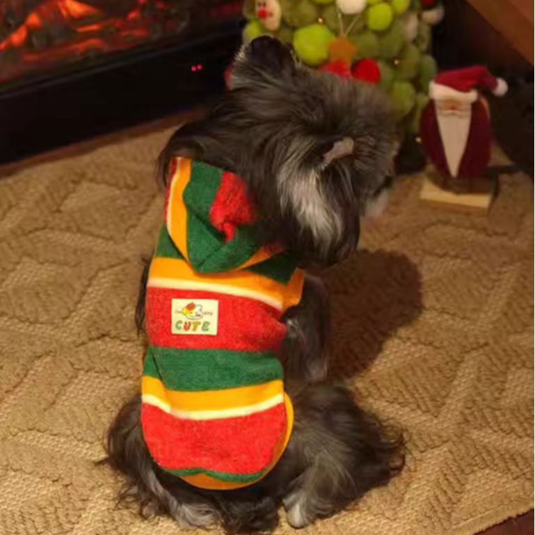 秋冬新款宠物彩条连帽卫衣柴犬过年喜庆衣服外套保暖舒适
