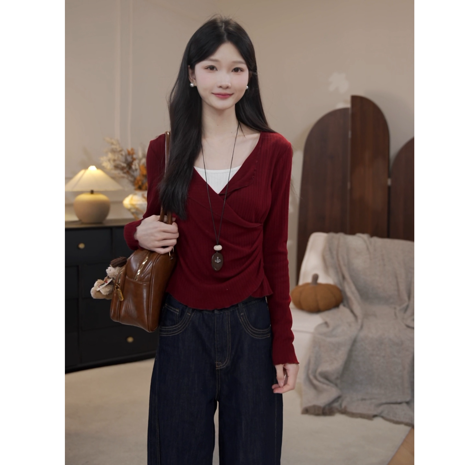 鹿向南「视线焦点」法式复古气质女秋季设计感显瘦假两件长袖上衣