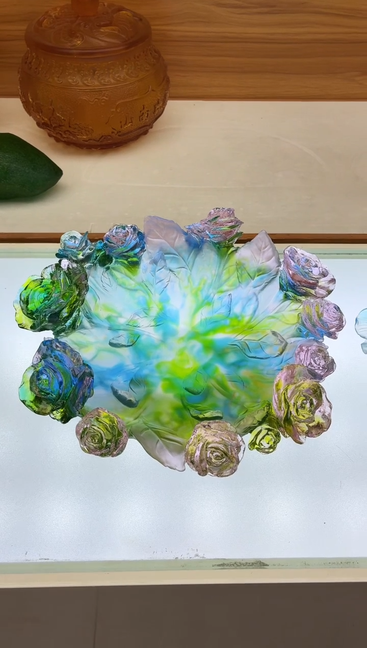 手工艺品琉璃彩色玫瑰花果盘28*10公分