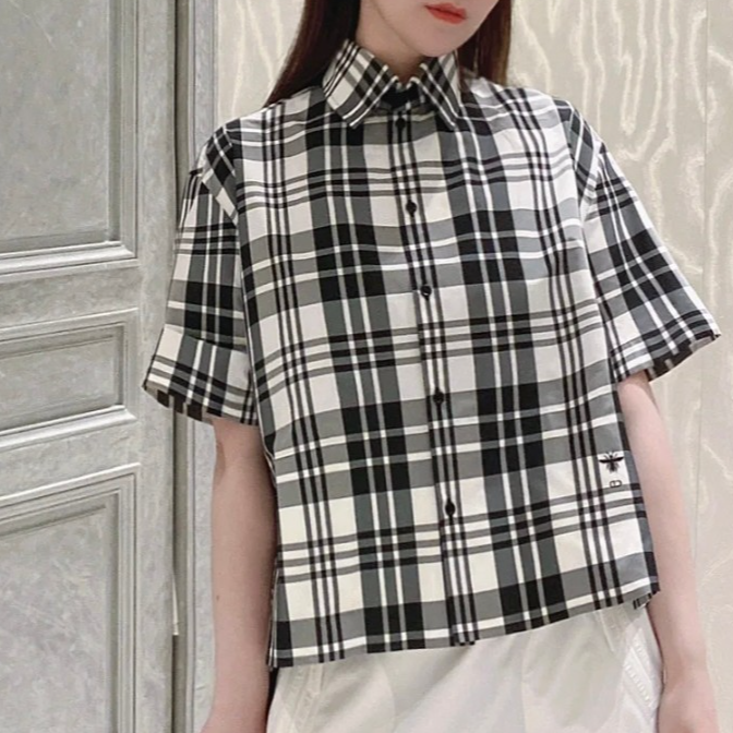 全新未使用 DIOR/迪奥 迪奥女士黑白格子短袖衬衫146686时尚百搭 