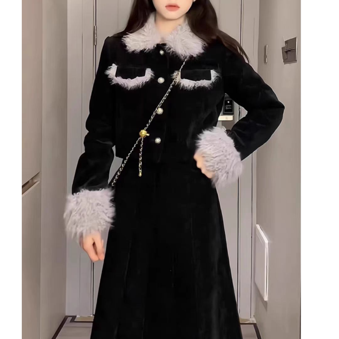 【运补】【唯依80-200斤】加绒加厚赫本风黑色两件套秋冬富家千金1649