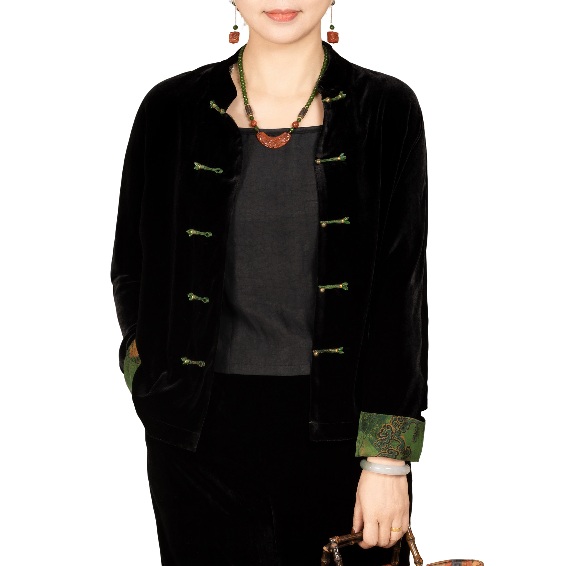 [思茗]香云纱拼丝绒中国风立领盘扣复古气质宽松版短款上衣41452