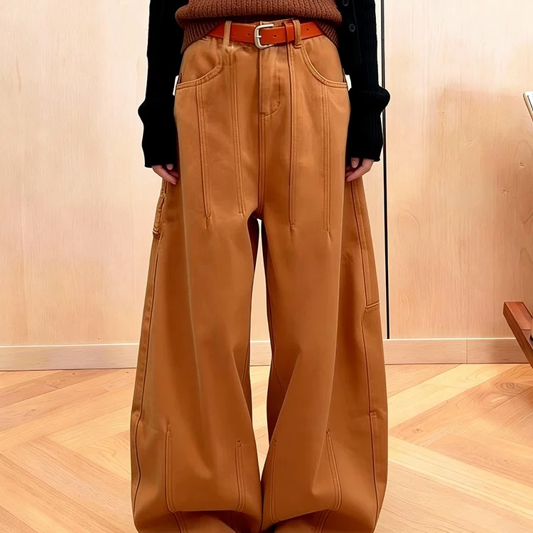 【1391】可#高腰加绒直筒宽松牛仔裤