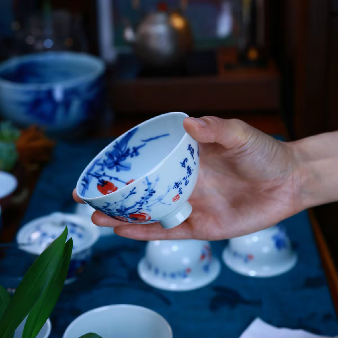 张剑平老师，柿子画面高温釉下彩，茶杯茶具陶瓷家用约120CC