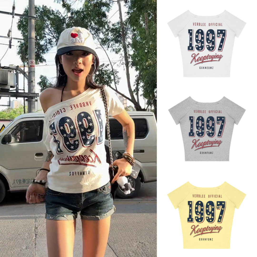 美式复古斜肩短袖t恤女夏季星星字母印花辣妹宽松白色露肩上衣服