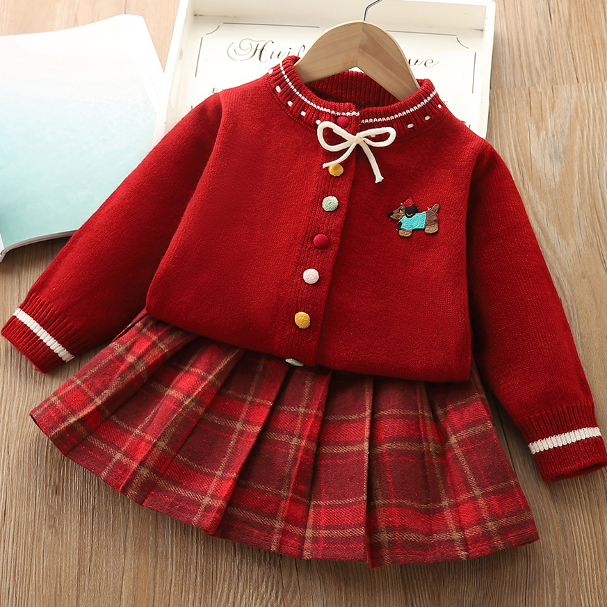 女童套装裙秋冬毛衣裙两件套25新款宝宝圣诞新年高档裙jk韩版套装