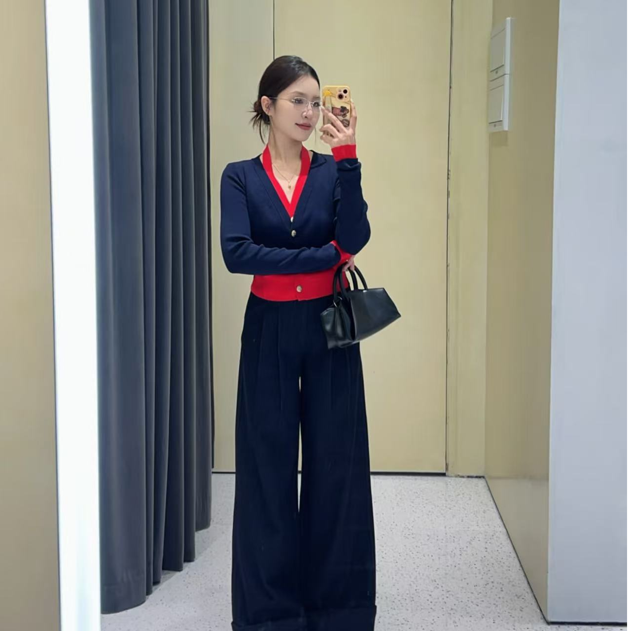 艾家同款春季修身型厚款拼接毛针织衫撞色女装1144