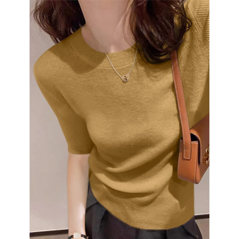 2025秋季新款圆领中袖打底上衣修身显瘦五分袖针织衫气质毛衣女