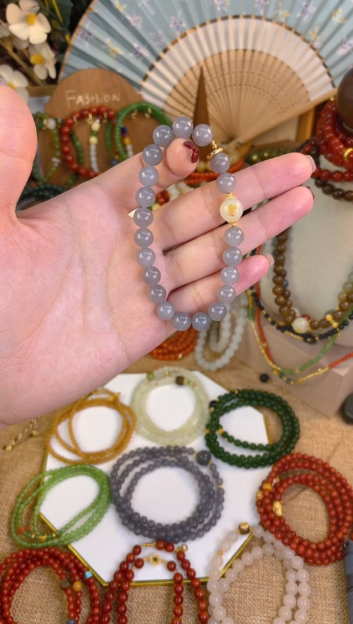 【闪购商品】和田玉手串18K金镶嵌烟紫