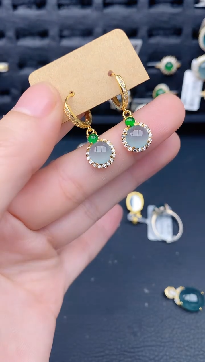 银S925镶嵌翡翠耳饰天然a货翡翠321