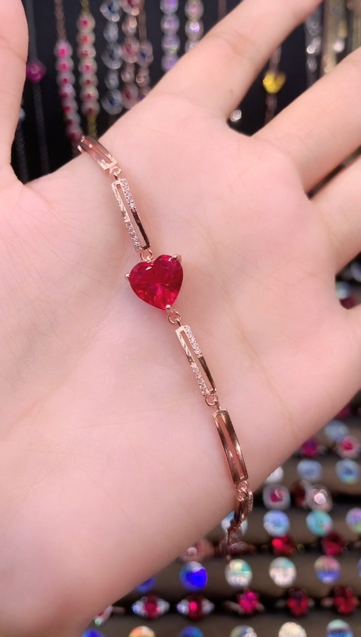手链银S925镶嵌红宝石玫瑰金
