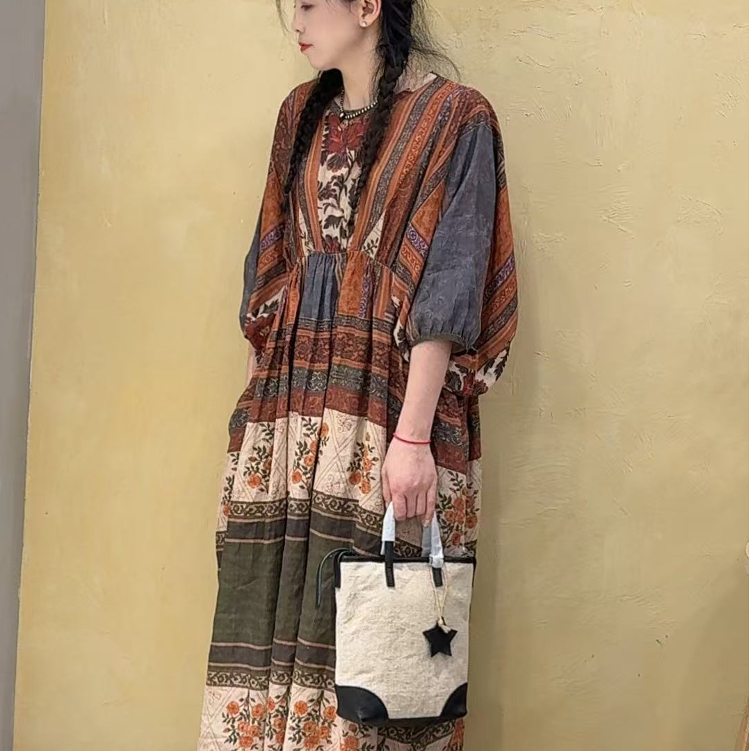 2025新款亚麻印花连衣裙2888宽松民族风休闲中长款