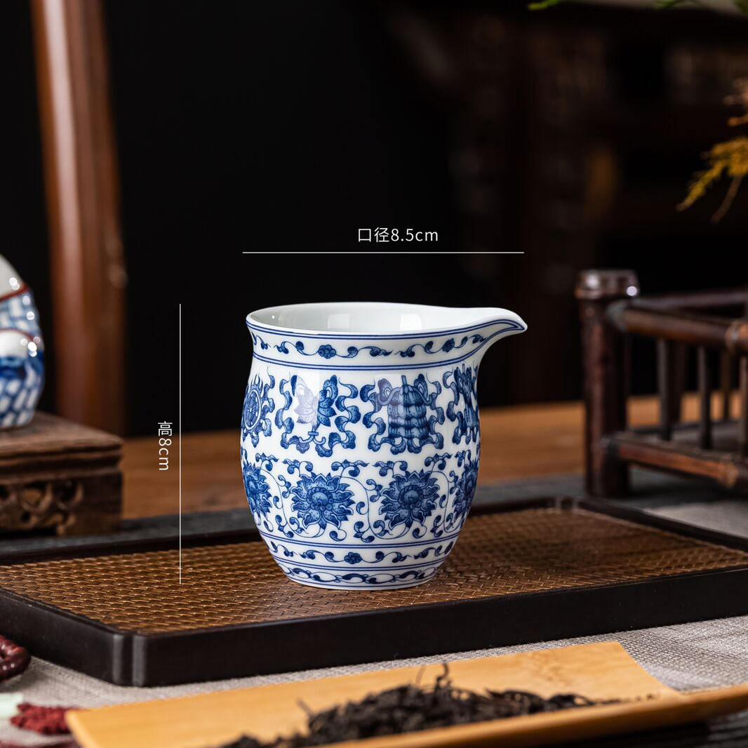 青花莲托珐琅彩白瓷中式双层八宝公道杯家用复古陶瓷