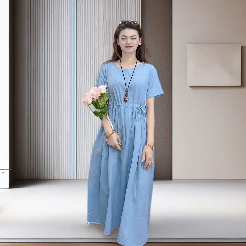 九儿新款夏季上新提花棉圆领百搭抽绳收腰显瘦连衣裙长裙