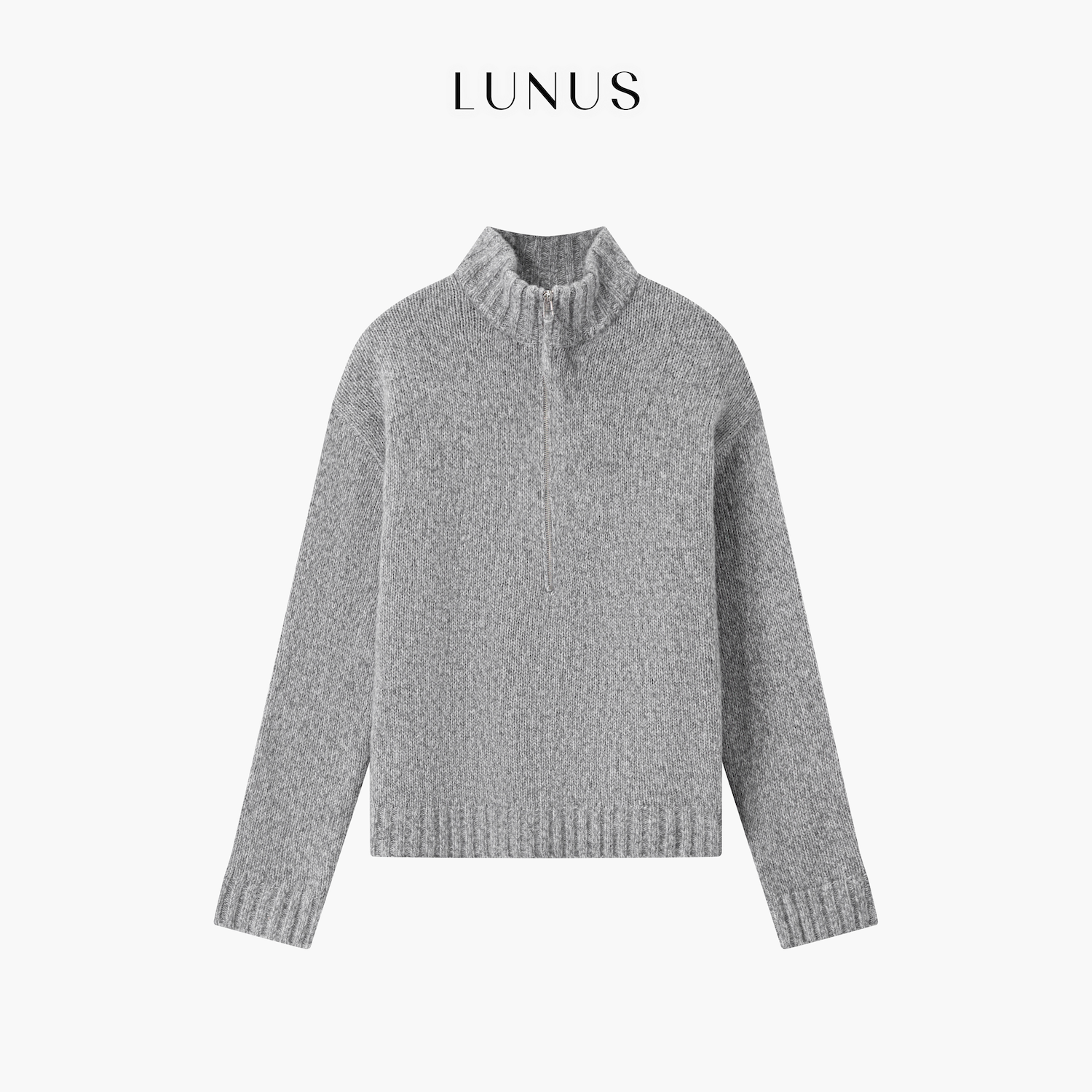 LUNUS「老钱针织」松弛感花纱浅灰格雷系高智半拉链长袖针织毛衣女
