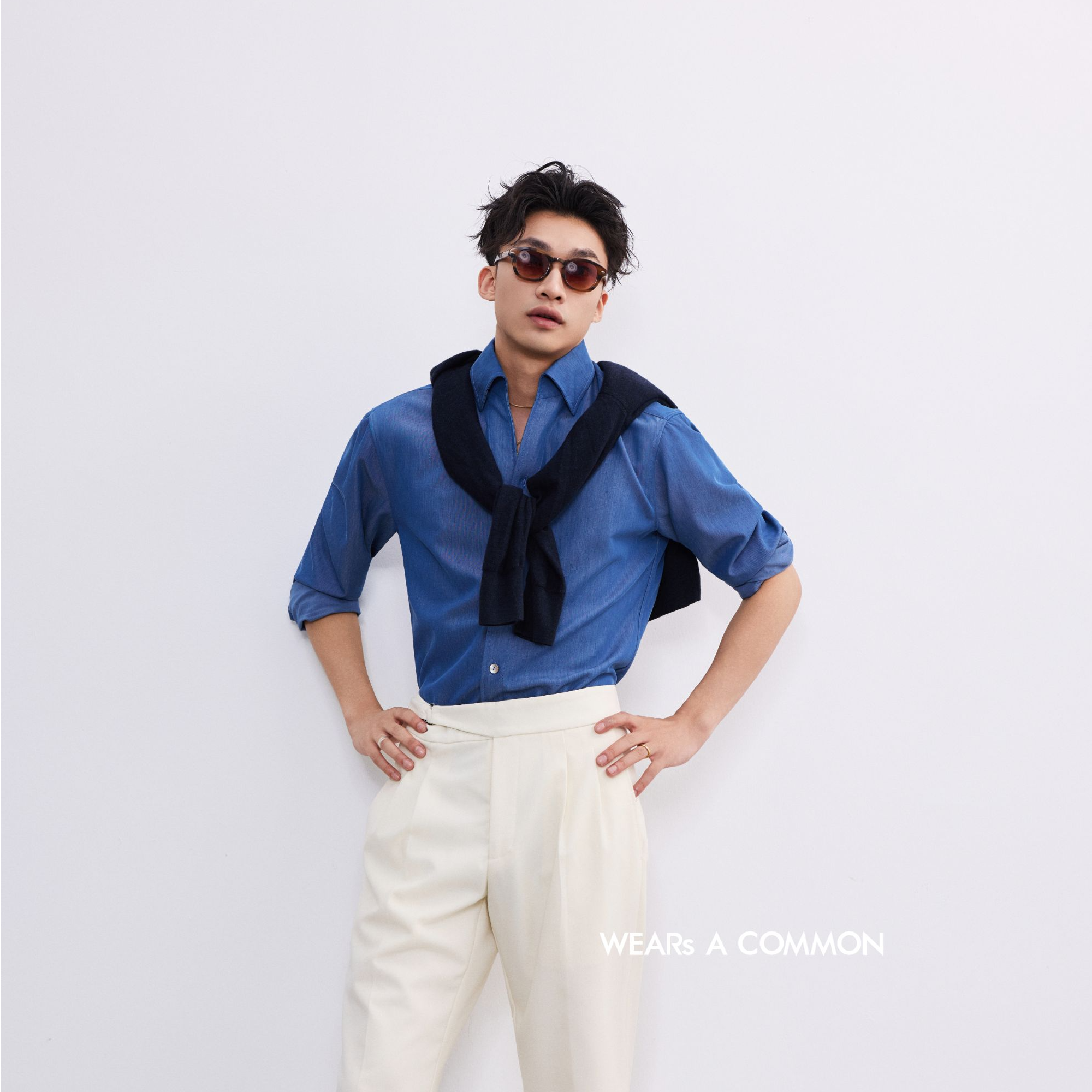 WAC 意式一片领蓝调那不勒斯褶丽赛纤维仿牛仔衬衫