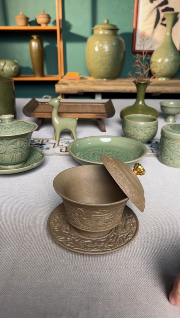 【闪购商品】其他耀州窑素胚瓷化凤衔石榴三才盖碗