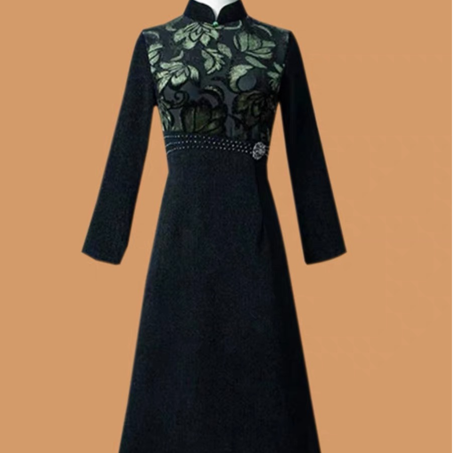 DXJJ-雪尼尔植绒提花拼接高腰显瘦旗袍