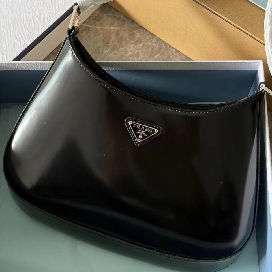95新 Prada/普拉达 GGS cleo黑色银扣牛皮单肩包芯片款91886374