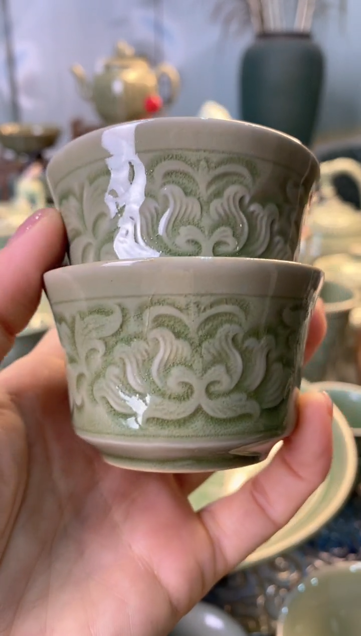 耀州窑耀州窑 微瑕处理 080901 汉阙茶杯 2只