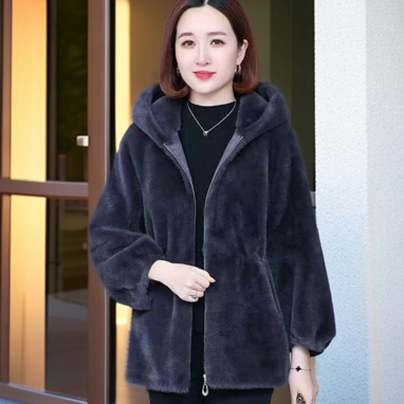 秋冬欧貂绒拉链连帽中长款宽袖风衣外套加厚皮大衣宽松女装气质
