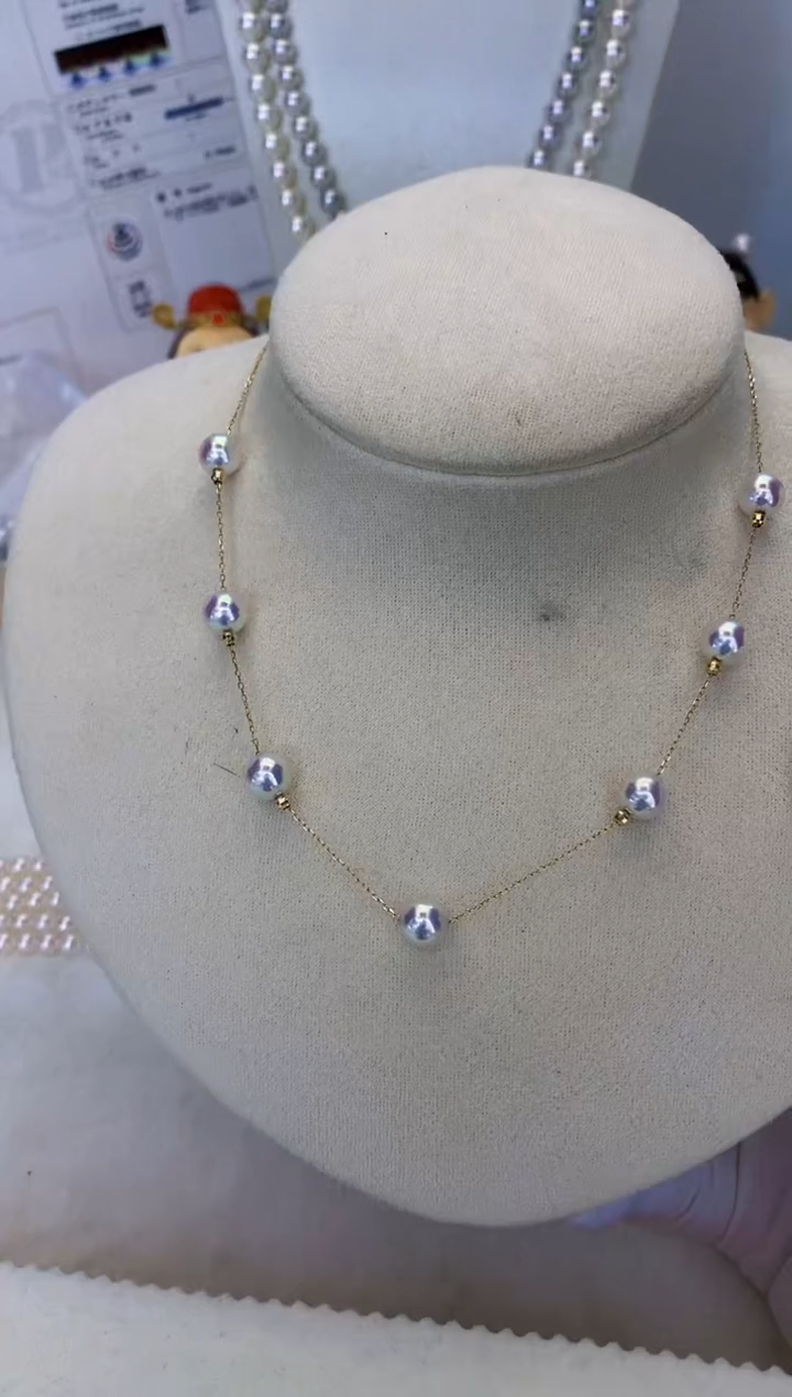 18K金镶嵌海水珍珠饰品7-7.5微笑满天星项链