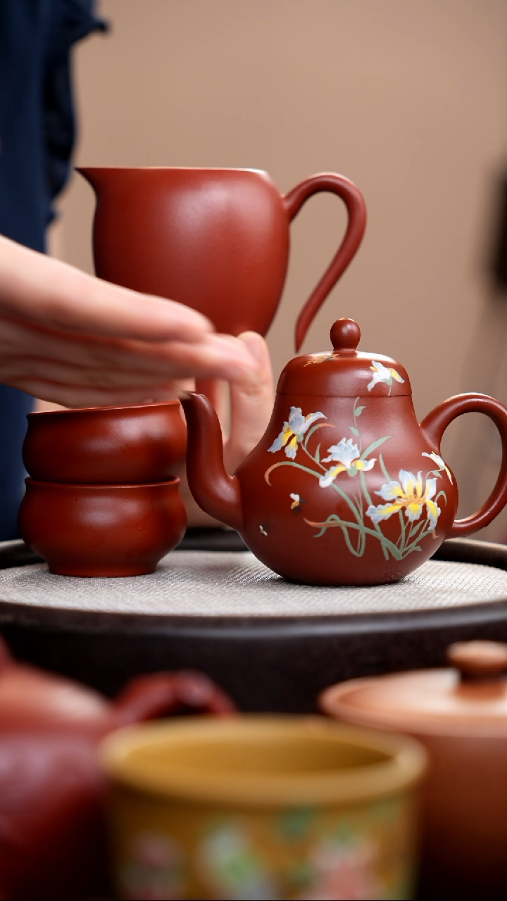 茶壶紫砂朱泥思婷泥绘兰花+公道杯+2杯008