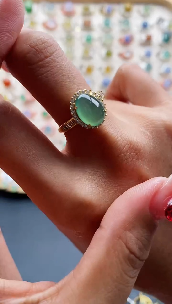 【闪购商品】翡翠戒指银S925镶嵌缅甸天然A货翡翠444 4+6