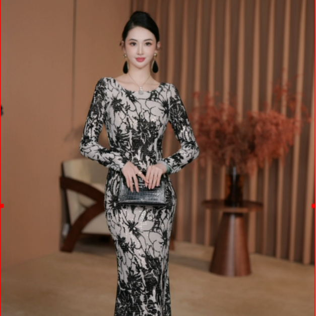 东东定制【海上繁花】 NO退NO换 时尚气质轻奢显瘦百搭鱼尾连衣裙