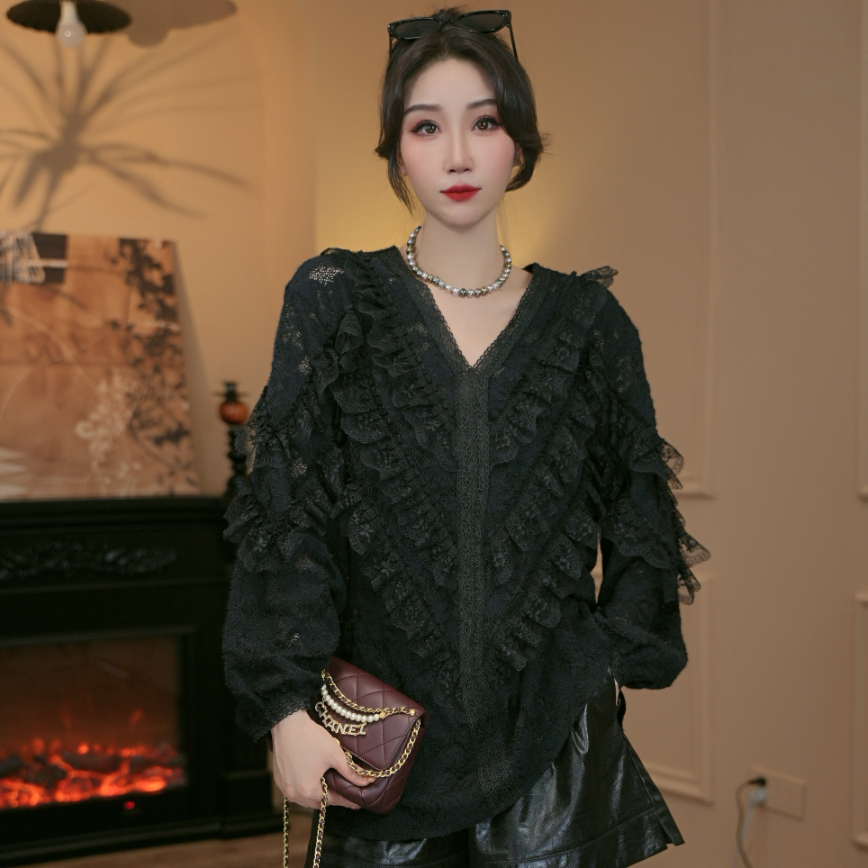 【雪姐复古女神】-90519小众设计V宽松慵懒风流苏大版衫